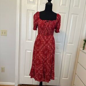 Red Floral Puff Short Sleeve Midi Dress.